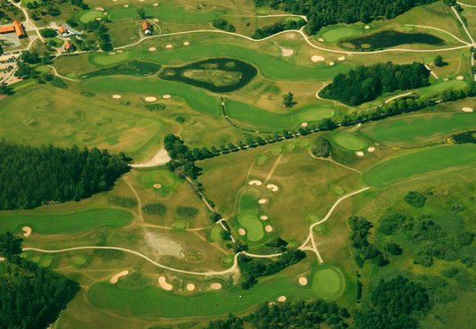 Golf course from above showing all holes, bunkers and layout